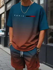 Gradient Blue-Brown PARIS Letter T-shirt & Shorts Set, Men's Streetwear Casual Two-Piece, Breathable Trendy