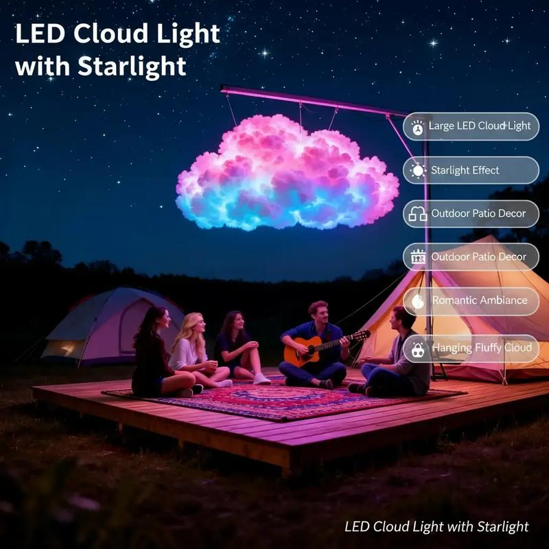 Large LED Cloud Light with Starlight Effect, Outdoor Patio Garden Party Night Event Romantic Ambiance Hanging Fluffy Cloud Decoration, Led Lights Outdoor