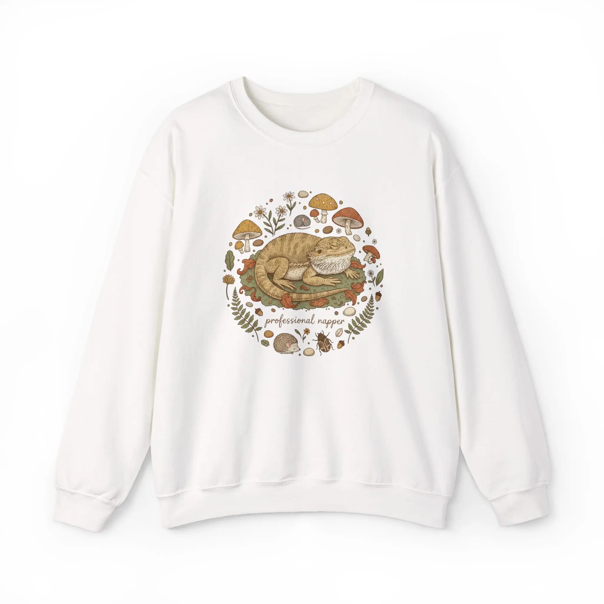 Sleeping Bearded Dragon Professional Napper Crewneck Sweatshirt | Goblincore Mushroom