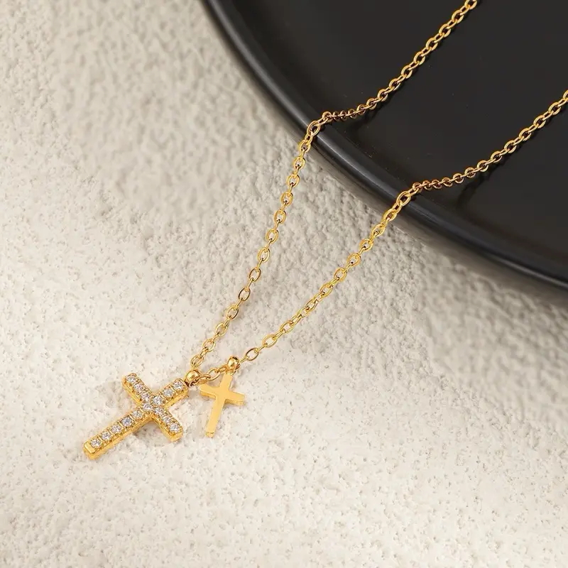 Female 14k Gold Plated Double Cross Charm Pendant Necklace Chain, Alloy Jewelry for Daily Wear