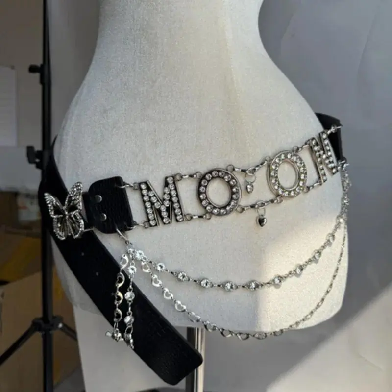 Personalized Year 2000 Letter PU Metal Waistbelt - Rhinestone, Butterfly Decoration, Party Wear Accessory for Nightclubs, New Premium Sexy Belt, 118Cm