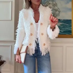 Women’s Tassel Little Fragrance Coat – Elegant Double-Breasted Design for Autumn/Winter, Solid Color, Slim Fit, White