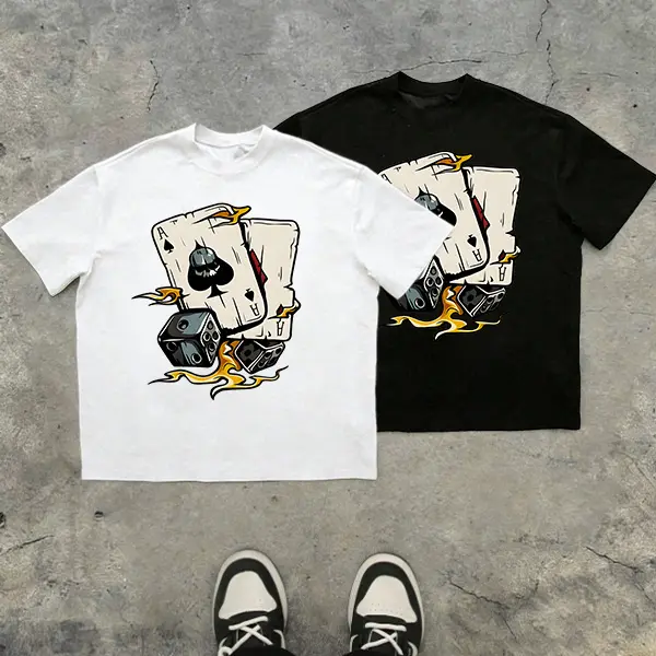 Men’s black suit-themed skull dice flame playing card graphic 100% cotton T-shirt, dark gothic street style, TikTok 2025 trend, loose oversized fit, urban avant-garde streetwear casual short sleeves, a must-buy under $10., Top, Menswear, Shortsleeve, Roun