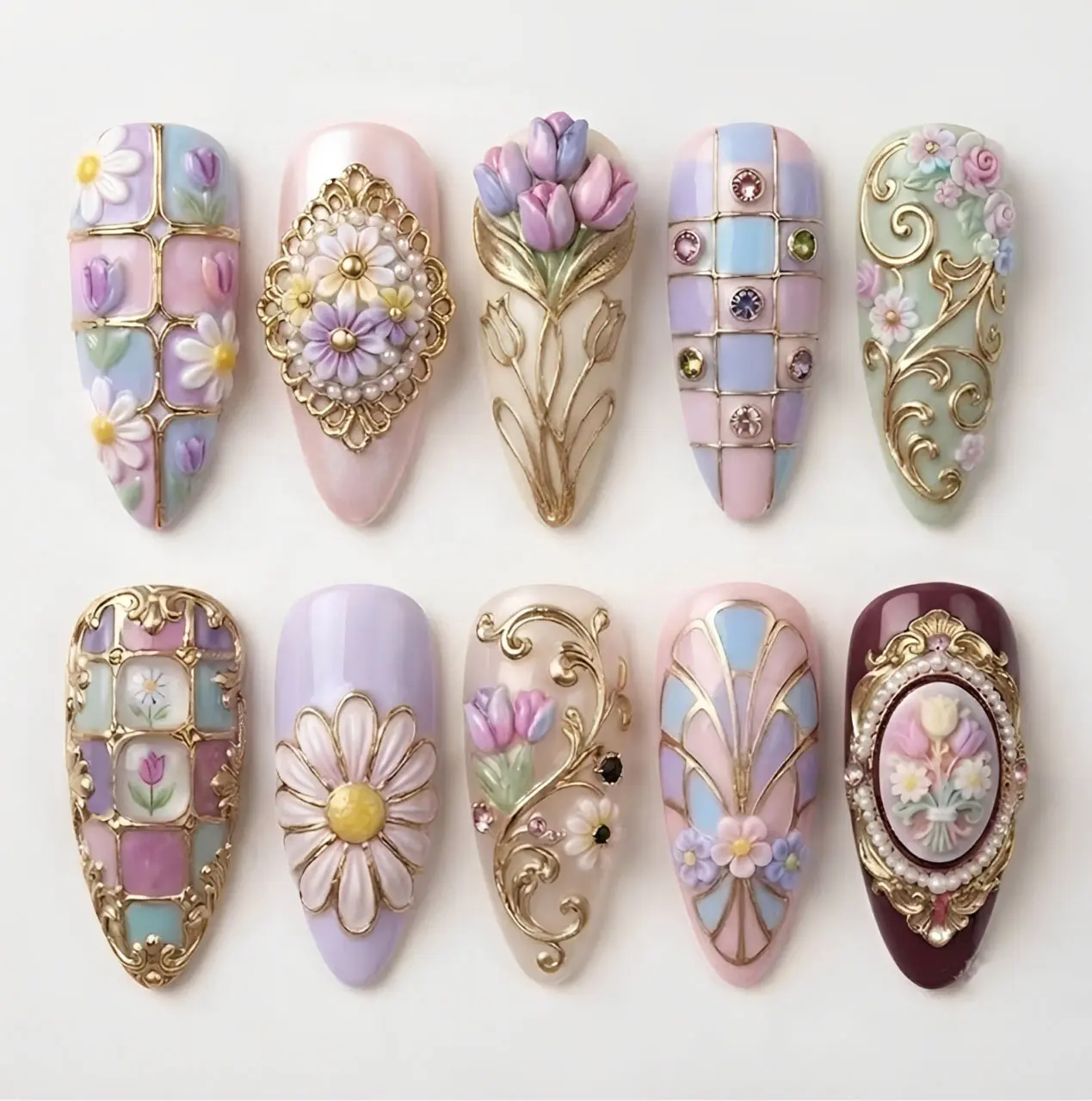 Vintage Pastel Floral 3D Press On Nails | Tulip Daisy Gold Frame Pearl Cottagecore Garden Almond Nails