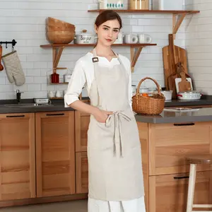 ATLINIA 100% Linen Button Apron Adjustable Bib Apron with Pockets Cooking Craft Apron Kitchen Buckle