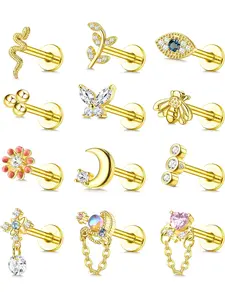 12Pcs 16G Stainless Steel Top Screw Flat Back Earrings Snake Moon CZ Cartilage Stud Earrings for Women Forward Internally Threaded Helix Tragus Conch Labret Medusa Lip Nose Piercing