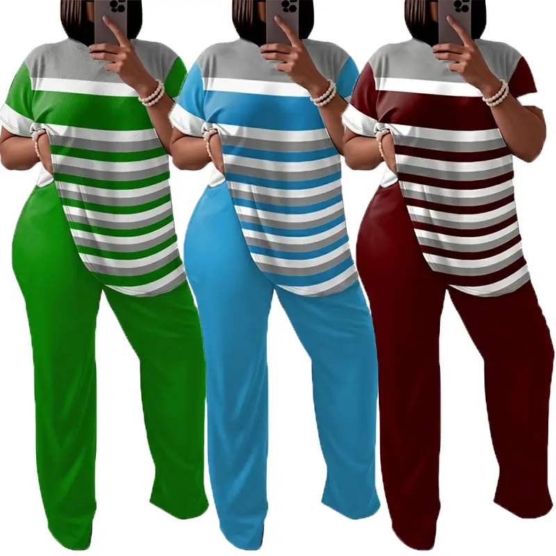 Women's Plus Size Athleisure Tracksuit Set, Casual 2 Piece Outfit with Striped Irregular Hem Top and Wide Leg Pants, 2 Piece Sets, Plussize, Activewear Workout Set, Casual Athletic Sportswear