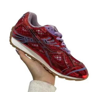 Metallic Red & Purple Retro Sneakers, Breathable Mesh Reflective Running Shoes, Trendy Chunky Casual Footwear