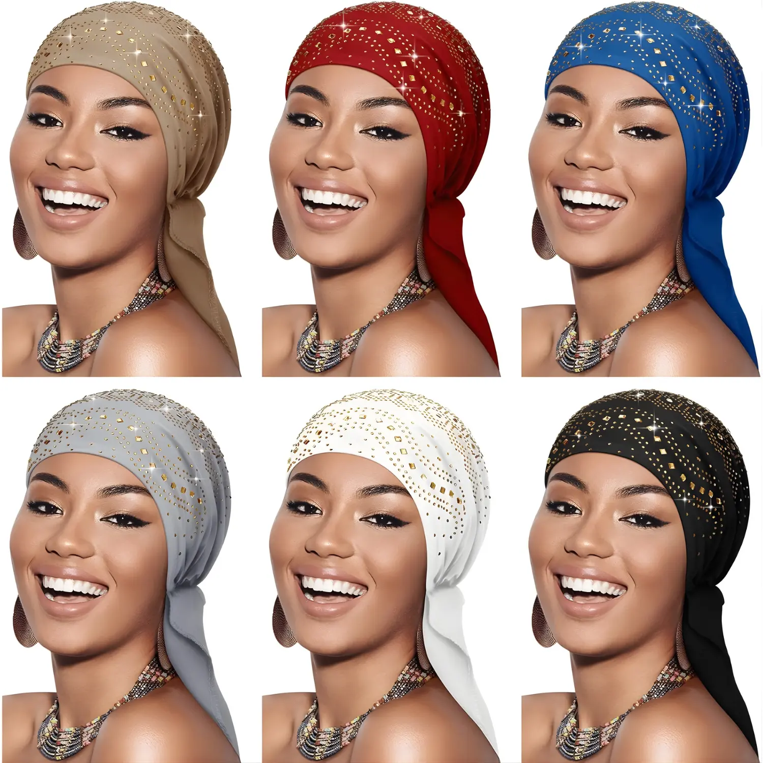 6 Pack Rhinestone Head Scarf Stretchy Head Wrap Bandana Beanie Turban Cap for Women