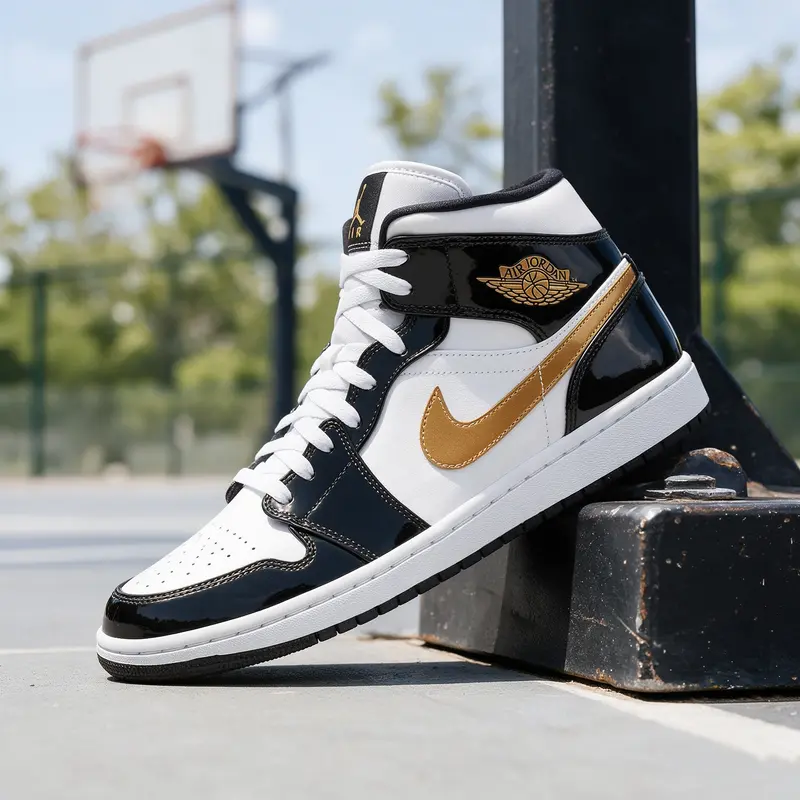 Jordan 1 Mid Patent Black White Gold Men's 852542-007 New Sneakers