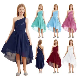 Girls Sequins One Shoulder High Low Chiffon Junior Bridesmaid Dress