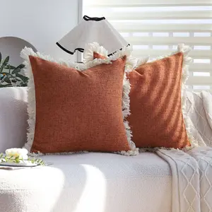 CANIRICA Pack of 2 Farmhouse Boho Cushion Covers 18X18 Inch Faux Linen Decorative Throw Pillow Covers with Invisiable Zipper Breathable Square Pillow Cases For Living Room Couch Bedroom