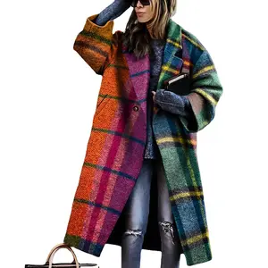 2025 New Women's Printed Woolen Long Sleeve Turn - Down Collar Long Overcoat for European and American Style Fashion