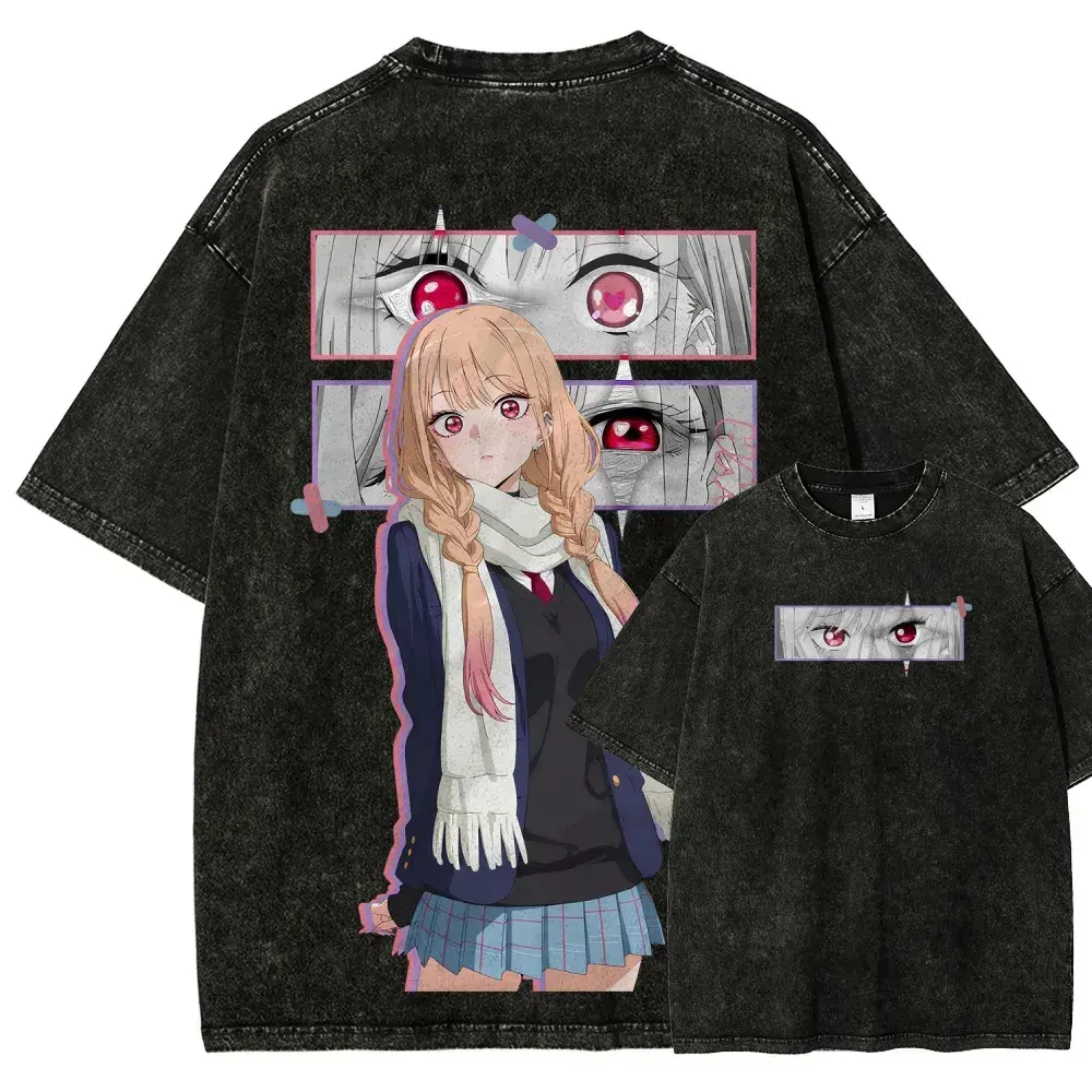 My Dress-Up Darling Tee Casual Anime Graphic T-Shirt, Unisex Vintage Short-Sleeve Top with a Distressed Wash Finish, Festive Pop Culture Streetwear，Double Sided Marin Washed Tshirt