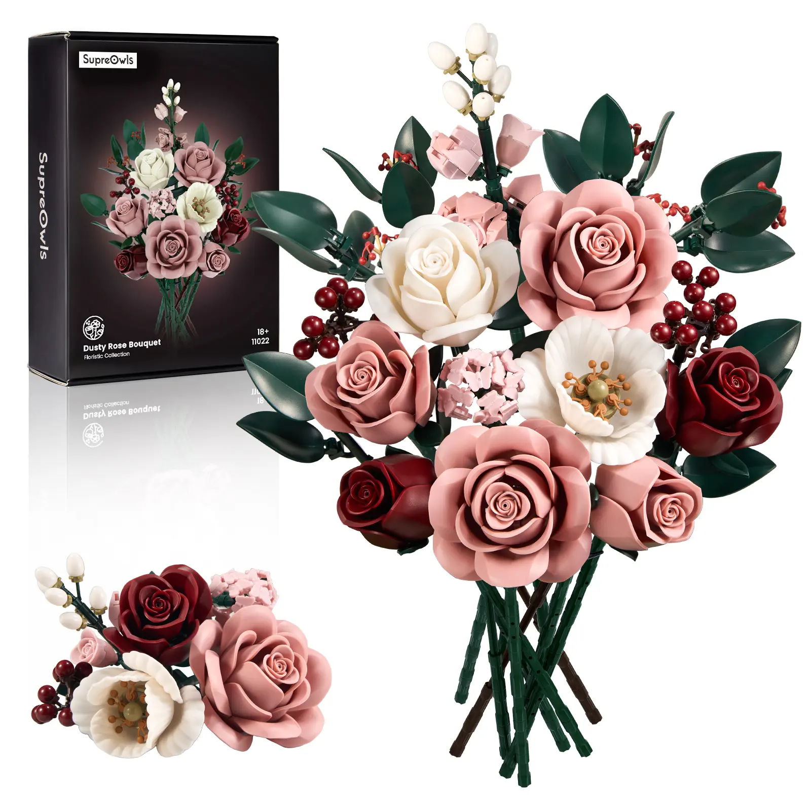 Supreowls Pink Rose Flower Bouquet Building Set, Elegant Botanical Blocks Kit for Adults & Women, Romantic Artificial Flowers for Home Decor, Valentine’s Day & Christmas & Anniversary Gift