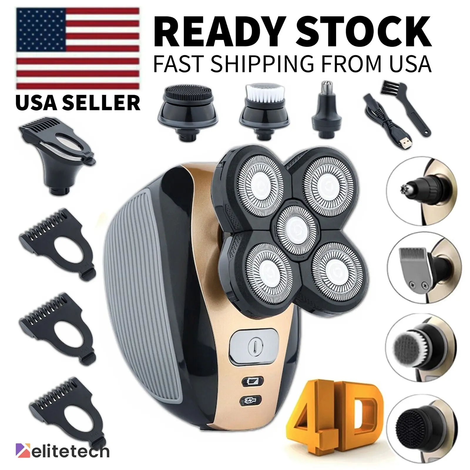 5-in-1 4D Rotary Electric Shaver, Rechargeable Bald Head & Beard Trimmer Razor, None