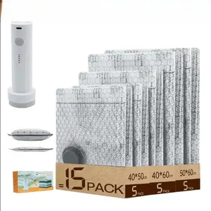 Cordless Travel Vacuum Bag Set - 15 Pack Vacuum Storage Bags with Electric Pump, Space Saver Bags Compression