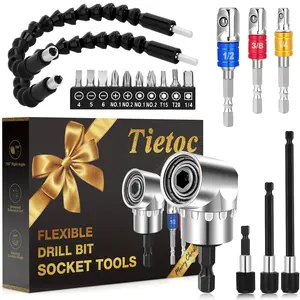 19pcs Flexible-Drill-Bit-Extension Set,Bendable Drill Extension Screwdriver Bit Kit,1/4 3/8 1/2" Universal Socket Adapter Set,Hex Shank 105 ° Right-Angle-Drill-Attachmen, Mens Gifts Christmas