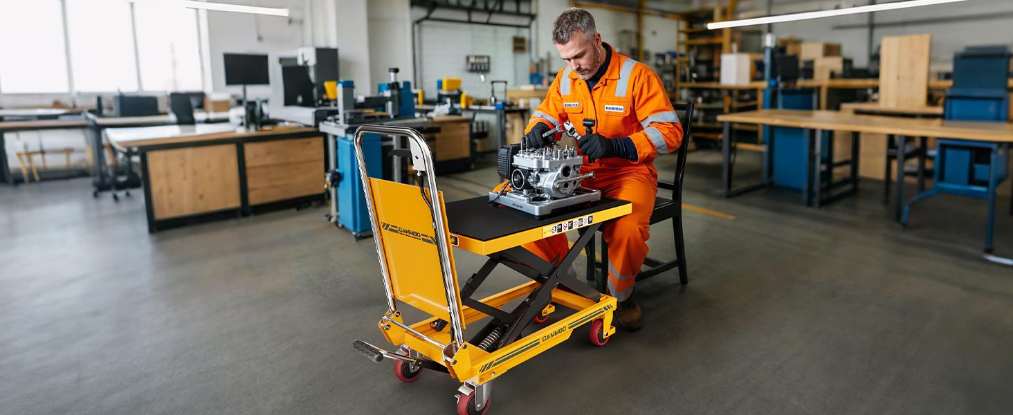 CAMMOO Foldable Hydraulic Lift Table Cart, 330lbs Capacity, 28.5" Lifting Height, Single Scissor Lift with Non-Slip Pad & Thickened Scissors Design for Material Handling and Transportation, Yellow