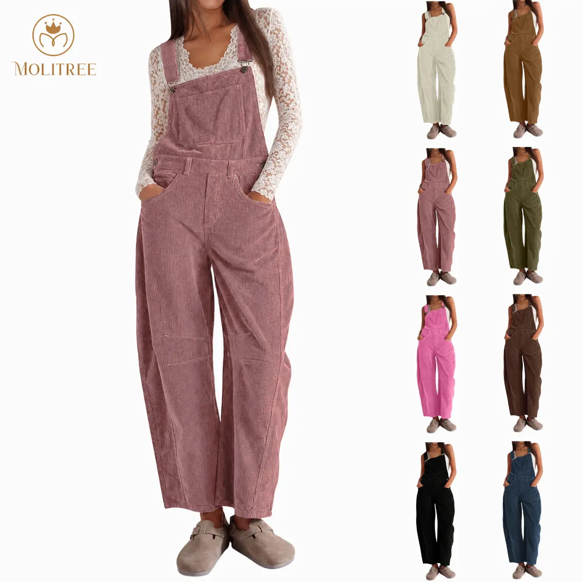Molitree Women's Corduroy Overalls Barrel Wide Leg Bib Pants Adjustable Romper Jumpsuit with Pockets  Casual Wideleg Womenswear Brown Basic Fitted