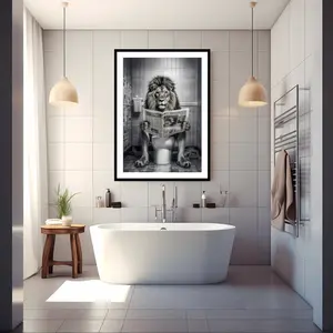 Lion in Toilet Poster, Funny Bathroom Decor, Animal in toilet, Black And White Lion,Kids Bathroom Wall Art