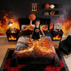 Baseball Basketball Comforter Set,Ice and Fire Collision Bedding Set for Kids Teens Boys Girls Room Decor,Extreme Ball Sports Game Quilt Set,Modern Duvet Insert