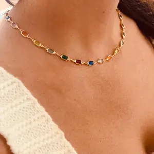 Multicolor Gemstone Necklace, Gold Rainbow Crystal Necklace for Women, Minimalist Birthstone Choker Necklace Jewelry
