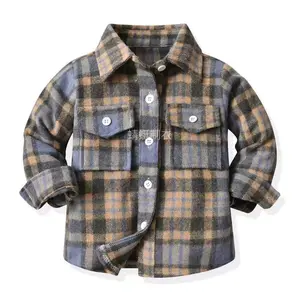New2pcs Baby Boy Casual Long Sleeve Shirts - Soft Frayed Plaid Fabric, Relaxed Fit with Chest Pockets & Chest Buttons, Machine Washable Autumn Winter Coats (Brown/White & Blue/White), Baby Boy Clothes, Infant Outerwear, Classic Collar,Toddler Wardrobe