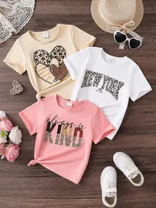 Toddler Girl's Heart & Letter Print Tee, Casual Short Sleeve Round Neck T-shirt for Summer, Kids Clothes for Daily Wear, Cute Tops, Graphic Print Top
