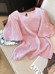 Women's Sequined Chiffon Blouse, Double Layer Fly Sleeve Round Neck Back Button Up Top, Gentle Commute Date Casual Party Style