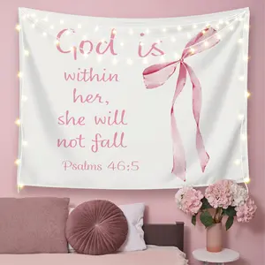 Hot Coquette Pink Bow Christian Tapestry Wall Hanging, Coquette Preppy Room Decor, God is within Her She Will Not Fall Bible Verse Wall Blanket Decor for Girls Room Dorm Apartment