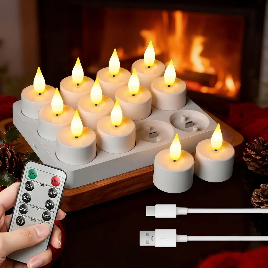 Flameless Candles Tealights, 12pcs Rechargeable USB C Tea Lights Candles with Remote Control and Charging Station for Halloween Decorations Christmas Decorations Indoor for Home Table Glass Jars or CANDLE Holder