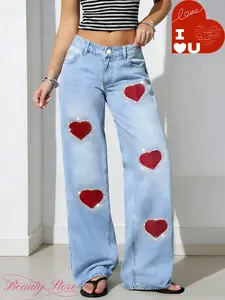 Women's Rhinestone Embroidered Jeans Pants, High Waist Loose-Fitting, Button Fly, Perfect for All Seasons, Elegant Fashion