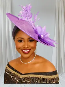 Elegant Light Purple Sinamay Hat Embellished With Feathers