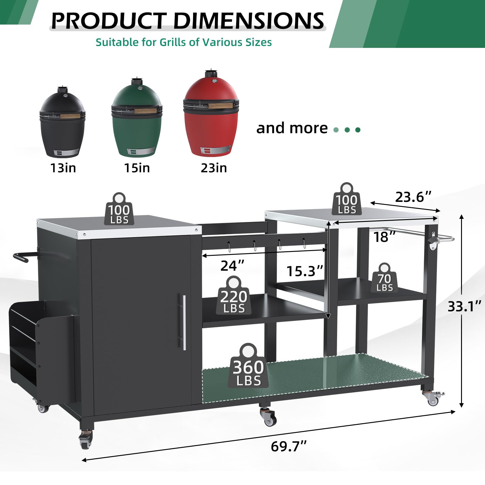YODOLLA Outdoor Grill Table for Big Green Egg, 69.7" Stainless Steel Grill Cart with Cabinet & Shelves, Heavy Duty 920LBS Outdoor Kitchen Island, Compatible with Large Big Green Egg, Kamado Joe Classic