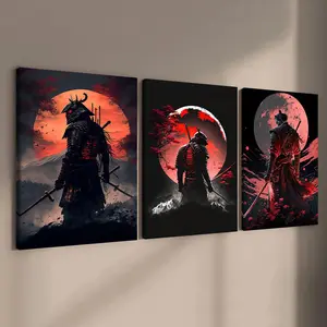 Wooden Framed Canvas Painting, 3 Counts/set Samurai Pattern Wall Art, Modern Art Design Wall Decor, Home Decoration Poster for Living Room, Bedroom