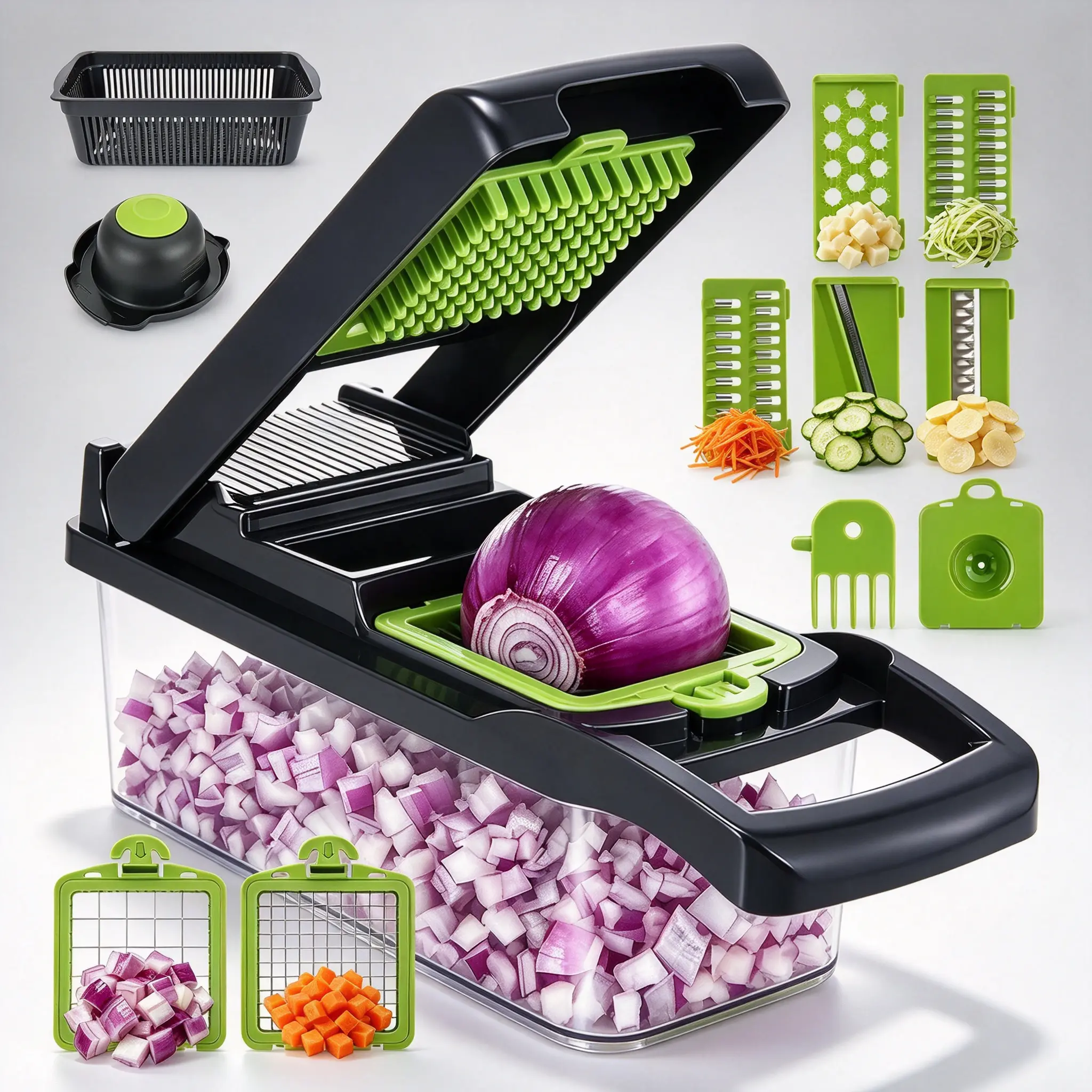 13-In-1 Kitchen Vegetable Chopper & Mandoline Slicer, Heavy-Duty Manual Veggie Dicer with 8 Rust Resistant Stainless Steel Blades, Drain Basket, Egg Separator & Storage Box, Time-Saving Food Cutter for Salad,Fruit & Holiday Meal Prep,Vegetable Chopper Set