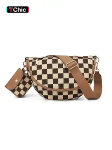 Checkered Crescent Bag for Women and Men, Fashion Medium Folding Crescent Moon Bag Single Shoulder Bag with Adjustable Strap for Travel Gifts Everyday Use Crossbody Shoulder Bag