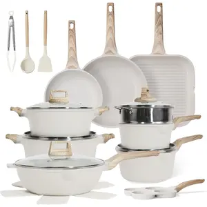 23 count Pots and Pans Set Non Stick, Kitchen Cookware Sets, Granite Induction Cookware Non Stick Cooking Set w/Frying Pans, Saucepans, Griddle, EggPan (White)