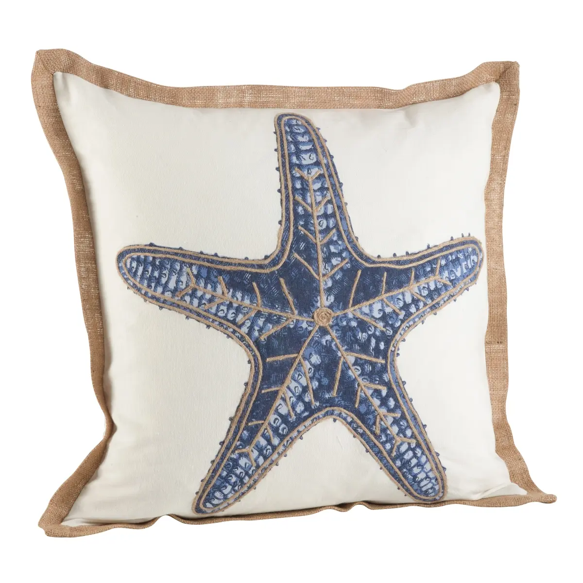 212 MAIN Square Shape 20 in. Woven Cotton Down-Filled Throw Pillow, Navy Blue Starfish Print, Burlap Trim, Ocean Theme Sea Decor Accent