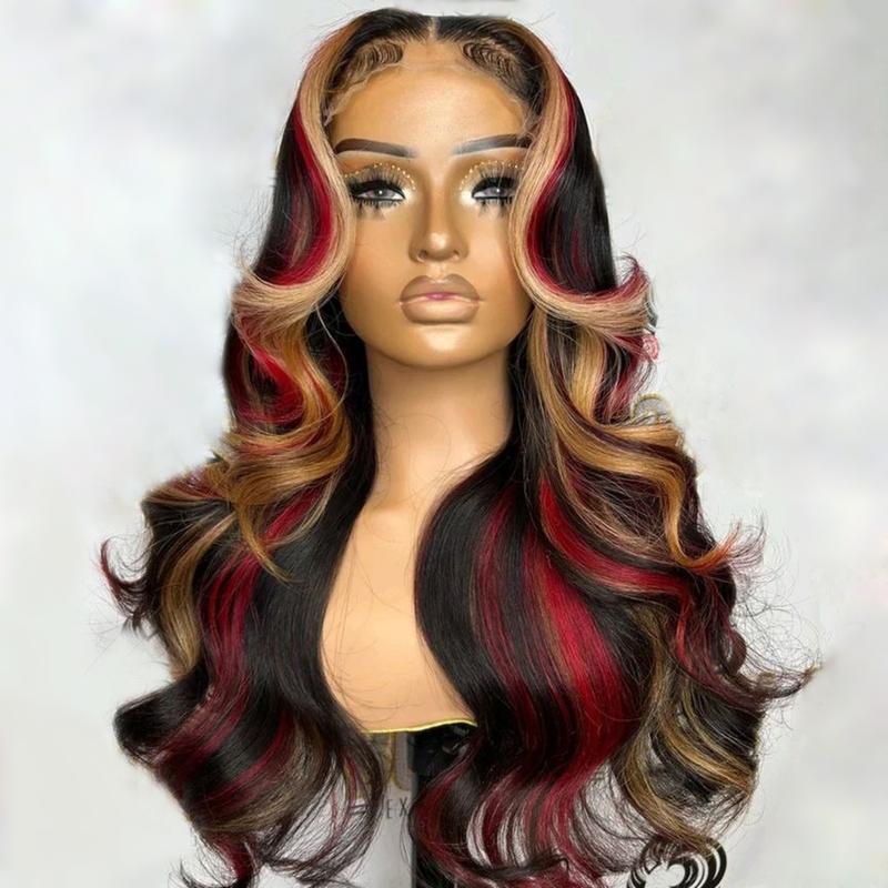 Multi Highlight Red with Blonde Wig Human Hair Burgundy 13x4 Lace Front Wig