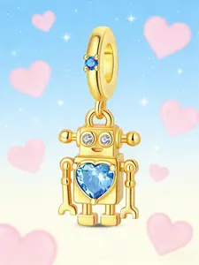 Golden Heart Robot Dangle Charm, Blue Crystal & Wrench Detail, Romantic Tech Jewelry for Pandora Bracelet, Unique Gift Idea