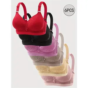 6pcsWire-Free Seamless Push-Up Bra for Women - Adjustable Straps, Lace Trim & Floral Embellishments, 95% Nylon/5% Elastane Blend, 6 Colors (Red/Pink/Lavender/Black/Beige/Grey) - T-Shirt Bra for Everyday Comfort