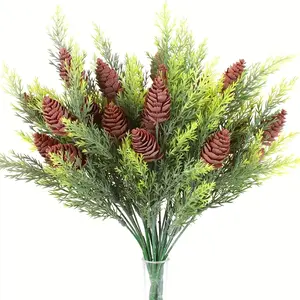 Artificial Christmas Pine Cones Plants, 5pcs Plastic Pine Branches with Cones Decor, Holiday Tabletop Decoration, No Container Needed