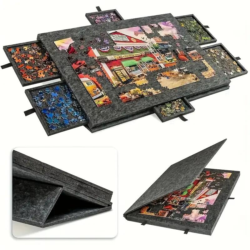 Puzzle board with drawers suitable for 1000-piece puzzles, featuring six drawers and a slanted design. It includes a 2-in-1 stand and cover, made of lightweight felt, suitable for adults and convenient for puzzle enthusiasts to carry