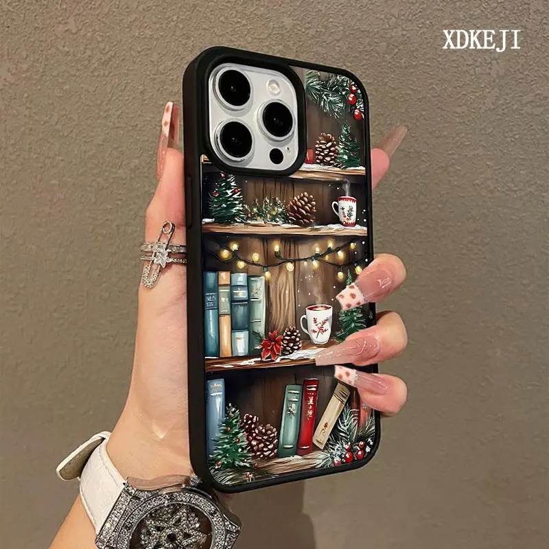 Christmas Bookshelf Pattern Premium Magnetic Phone Cases for iPhone 17 Air 16 15 14 Pro Max 13 12 11 Plus Smartphone Shockproof Protection Acrylic Cover Cellphone Protective magsafe magnetic case Aesthetic Resistance Casing Protector