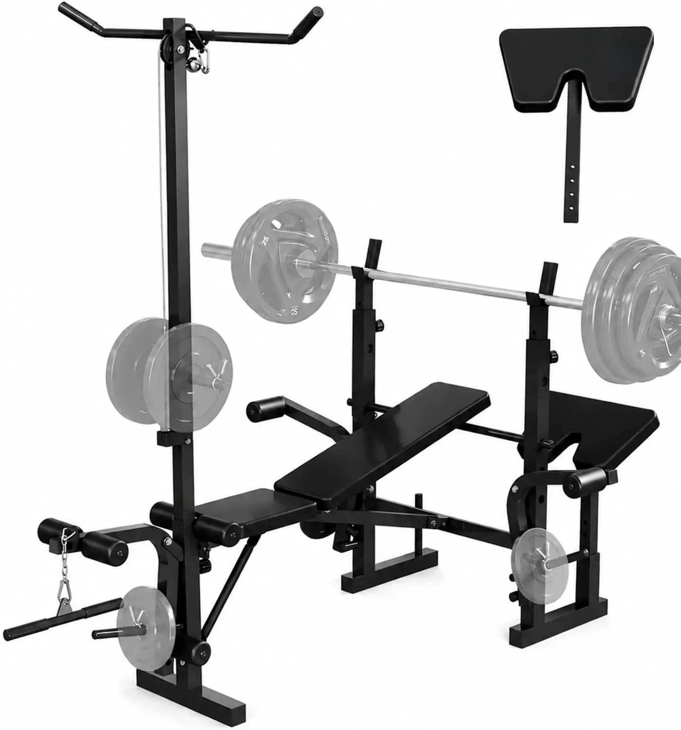 7-in-1 Adjustable Weight Bench Press Set for Home Gym – Features Squat Rack, Leg Extension, Preacher Curly, Lat Pulldown – Collapsible Strength Training Equipment for Weight Lifting – Black