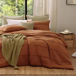 Burnt Orange King Comfortable Set, Pinch Pleat King Bedding Set for Farmhouse Bedding, 3 Piece King Size Bed Set, Warm Fluffy Boho Comforter Sets,2 Shams(Burnt Orange,102 "* 90",King)
