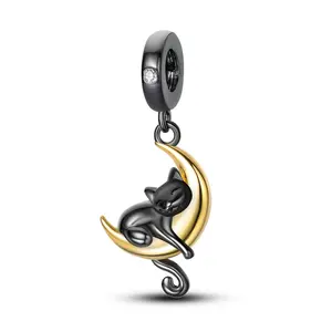 MULA 925 Sterling Silver Cat and Moon Pendant | Black Gold and 18K Gold Plated | Sleeping Cat on Crescent Moon with Sparkling Zirconia | Suitable for Pandora Bracelets and Necklaces | Perfect Gift for Cat Lovers