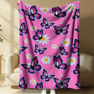 Colorful Butterfly & Daisy Flannel Blanket, Vibrant Throw Blanket for Home Decor, Cozy and Soft, Ideal for Camping, Travel, Office Warmth, Perfect Gift for Nature Lovers